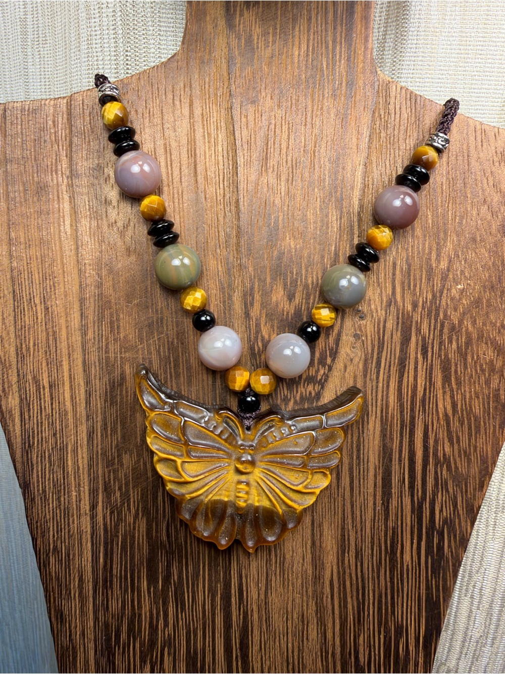 Tiger’s Eye Butterfly Carving Pendant Necklace with Agate and Tourmaline on Rope